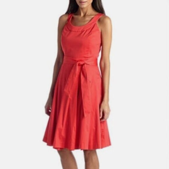 Calvin Klein CD5G1184 Red Pleated Self Tie Cotton Fit Flare Dress Size 4 - Picture 2 of 11